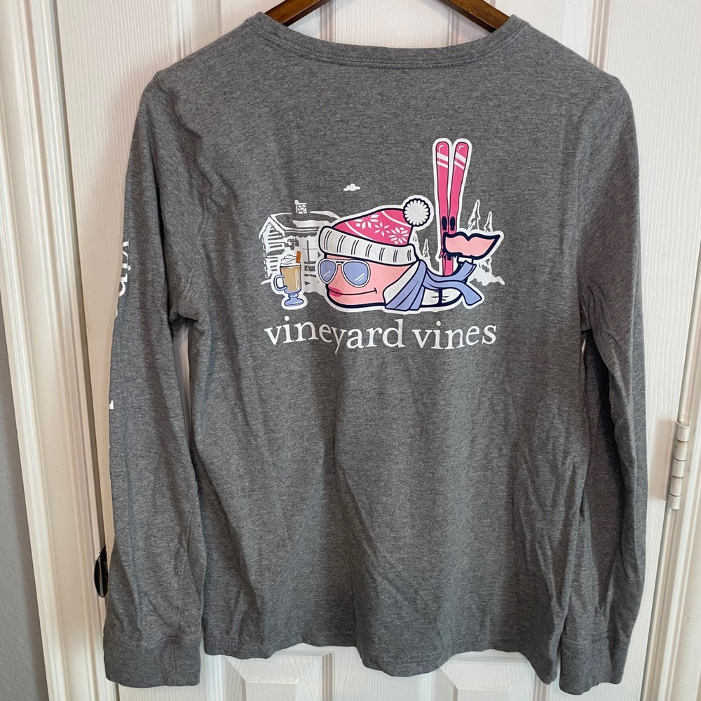 Vineyard‎ Vines Pocket T-Shirt Large Kids Gray Winter Ski Whale Long Sleeve